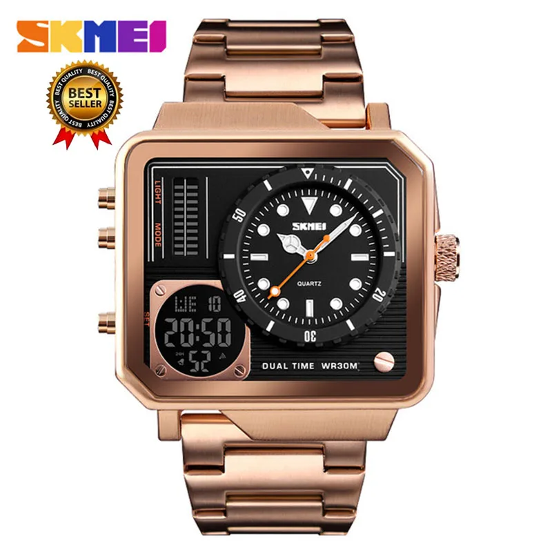 rosegold Топ Роскошные Для мужчин s часы SKMEI Марка Спорт Цифровые кварцевые часы Для мужчин Нержавеющая сталь ремень Водонепроницаемый Повседневное часы мужской 1392 - Цвет: rosegold