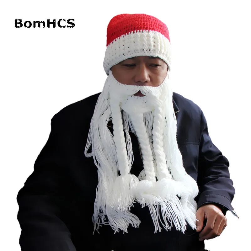 BomHCS Funny Santa Claus Hat and Big Beard 100% Handmade Winter Knitted Beanie Cap Cool Christmas Gift