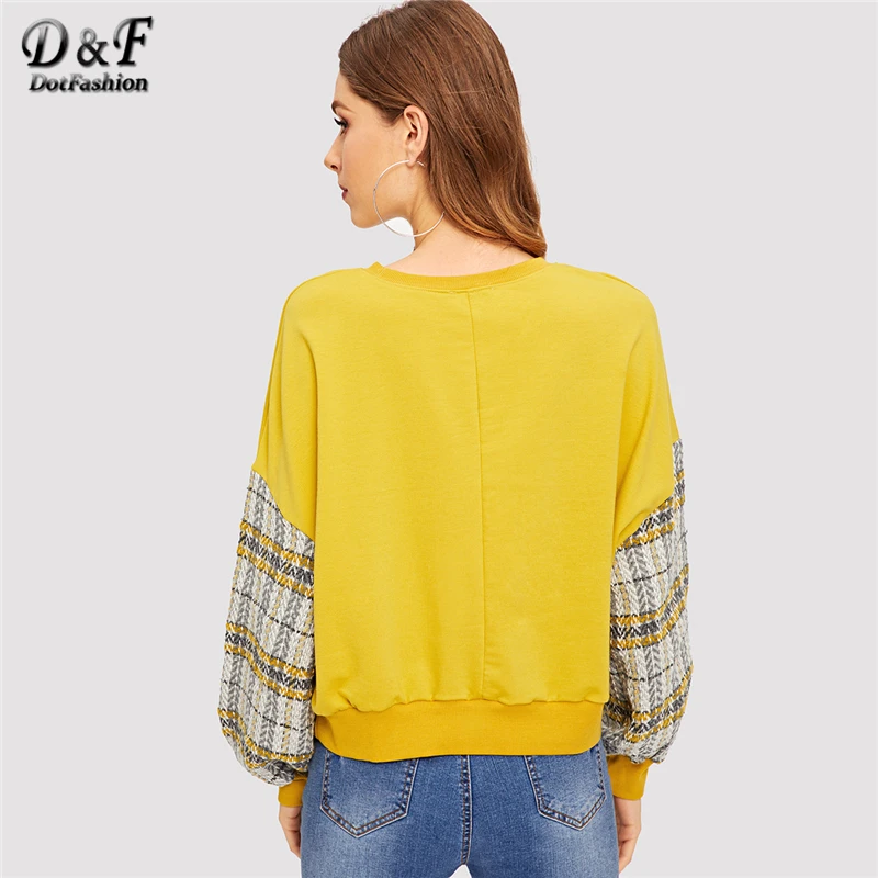 Dotfashion, желтая, украшенная жемчугом, с заниженным плечом, клетчатая толстовка, женская одежда, осень, женские модные повседневные пуловеры