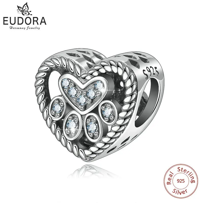 1pcs charm Eudora бусины из стерлингового серебра 925 очаровательные собачьи следы с фианитами Подвески подходят к оригинальному браслету и ожерелью DIY Ювелирные изделия Z77 - Окраска металла: 1pcs charm