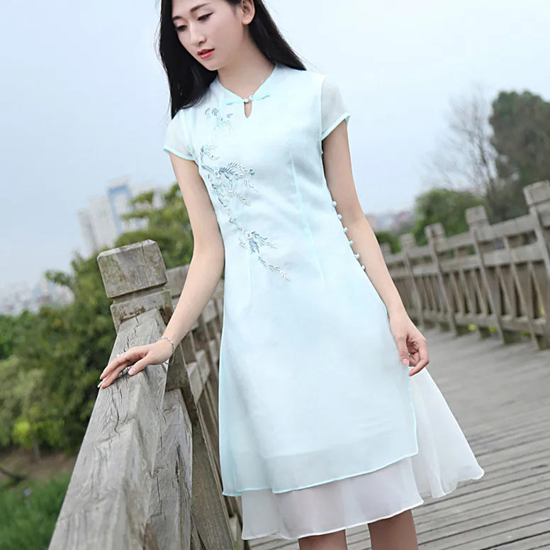 

Fresh Summer New Vintage Embroidered Cheongsam Style Mid-length Slim Short Sleeve Dress Student Sweet Cute Party Dress