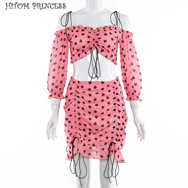 HITOM PRINCESS Off Shoulder Heart Print Crop Top Mini Skirt Chiffon 2 Piece Sets Women Two Outfits Summer Streetwear Party | Женская