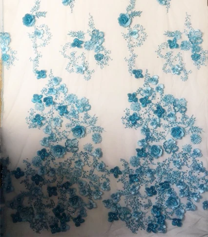 Кружевная ткань 5 ярдов красивая синяя с объемными цветами телесного фиолетового