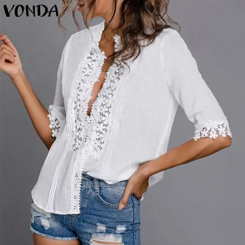 Летние женские блузки размера плюс VONDA,, Сексуальная кружевная офисная блузка с рукавом семь, v-образный вырез, цветочный рисунок, пляжные вечерние блузки, S-5XL