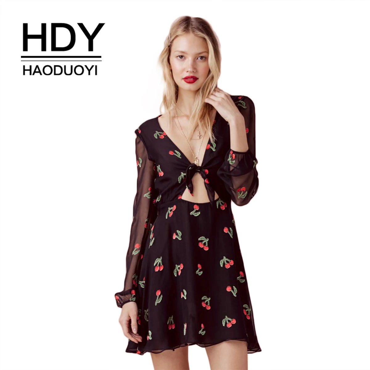 Женское платье мини HDY Haoduoyi повседневное шифоновое с принтом вишни и бантом