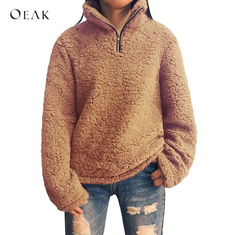 OEAK флисовые толстовки с искусственным мехом, Женская толстовка, зимняя модная водолазка на молнии, пуловер, женские повседневные теплые пушистые толстовки