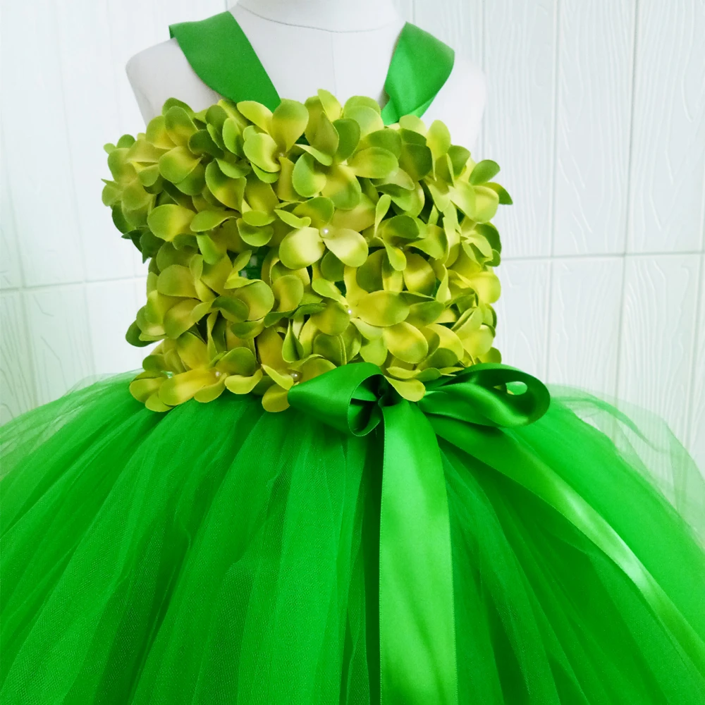 Green Girls Flower Tutu Dress Tulle Garden Fairy Princess Kids Wedding Birthday Party Dresses For Costume 1-14 | Детская одежда и
