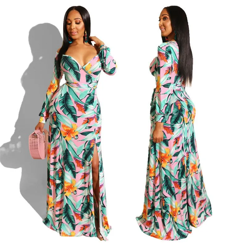 Boho V Neck Floral Printed Beach Long Dress Women Sexy Travel Split Party Bohemian Sleeve Empire Dresses | Женская одежда