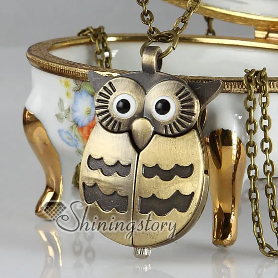 Ночная Сова Бронзовая Античная стильная Длинная цепочка карманные часы подвески