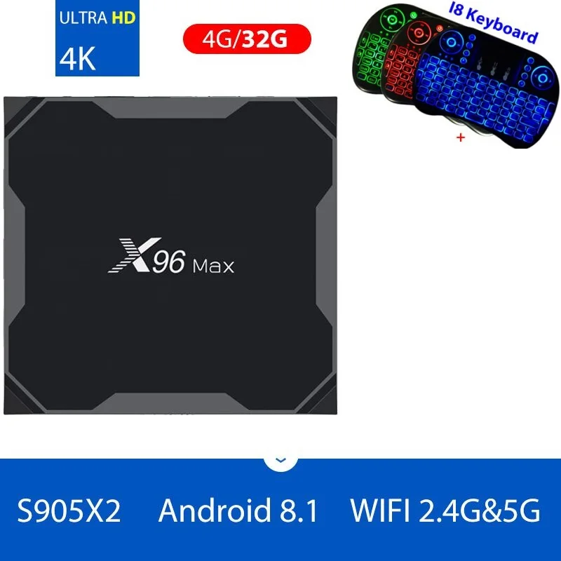 X96 Max Android 8,1 Smart tv box Amlogic S905X2 LPDDR4 4 ядра, 4 Гб оперативной памяти, 32 Гб встроенной памяти, 64 ГБ 2,4 г& Wi-Fi 5 ГГц Wi-Fi, BT 1000M 4K set top tv box - Цвет: 2G32G backlit KB i8