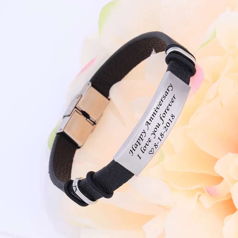 Leather Bracelet Men Gift Engraved Happy Anniversary Custom Date Keepsake Present I Love You Forever Couple Lover Boyfriend |