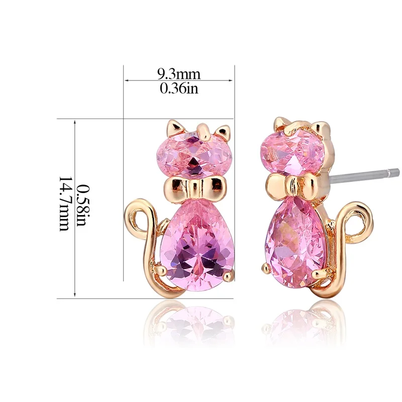 Yellow Gold Color Cute Bow Knot Pink Crystals CZ Cats Stud Earrings for Women Children Girls Kids Gatos Jewelry bijoux Aros|earring stopper|stud