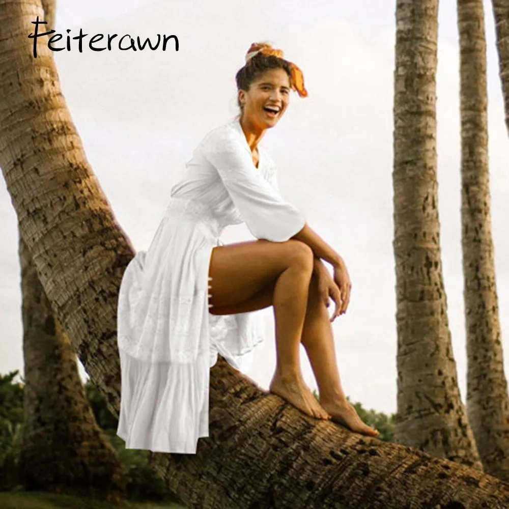 Feiterawn 2018 Для женщин летние однотонные белые кимоно хлопок 3/4 рукава Пляжные