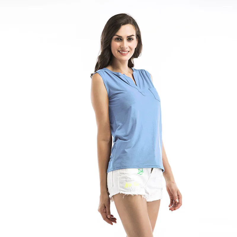 Женская рубашка без рукавов Повседневная облегающая Однотонная футболка с V