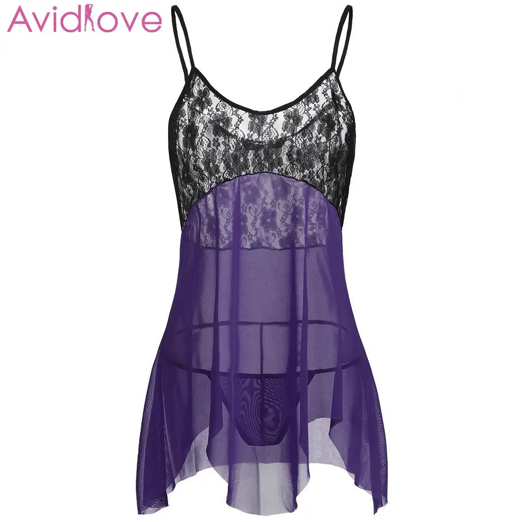 Purple Avidlove женское нижнее белье больших размеров сексуальное нижнее белье боди прозрачное кружевное Ночное платье сетка с стринги - Цвет: Purple