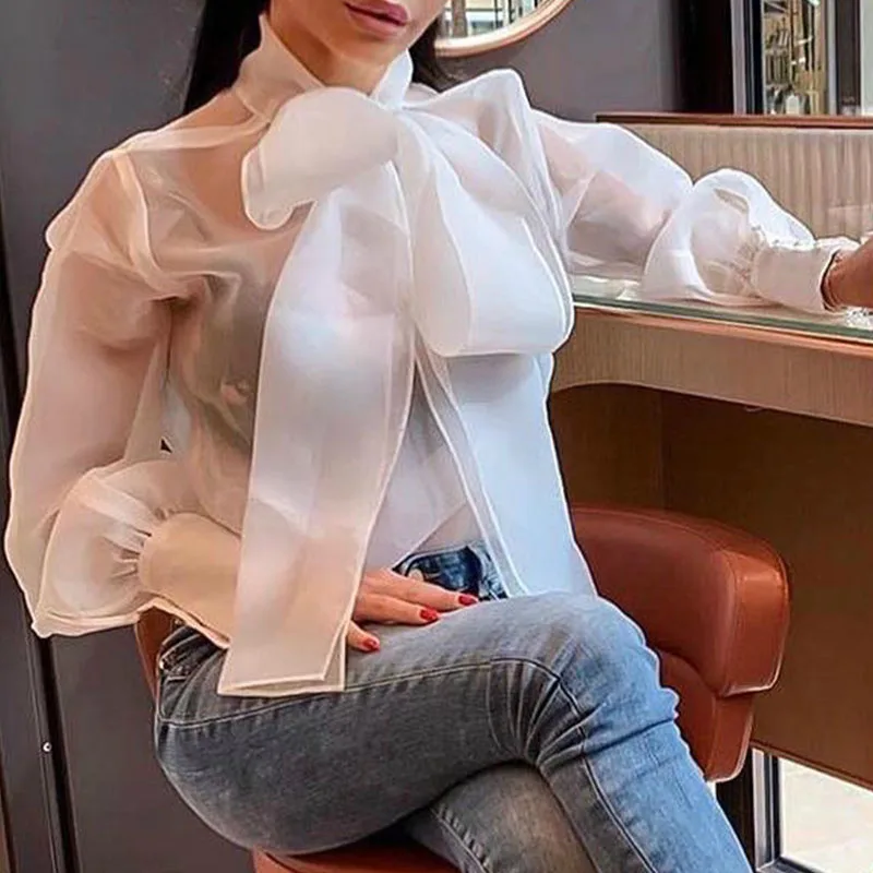 Органза Прозрачная блузка с галстуком-бабочкой рубашка женская пышными рукавами