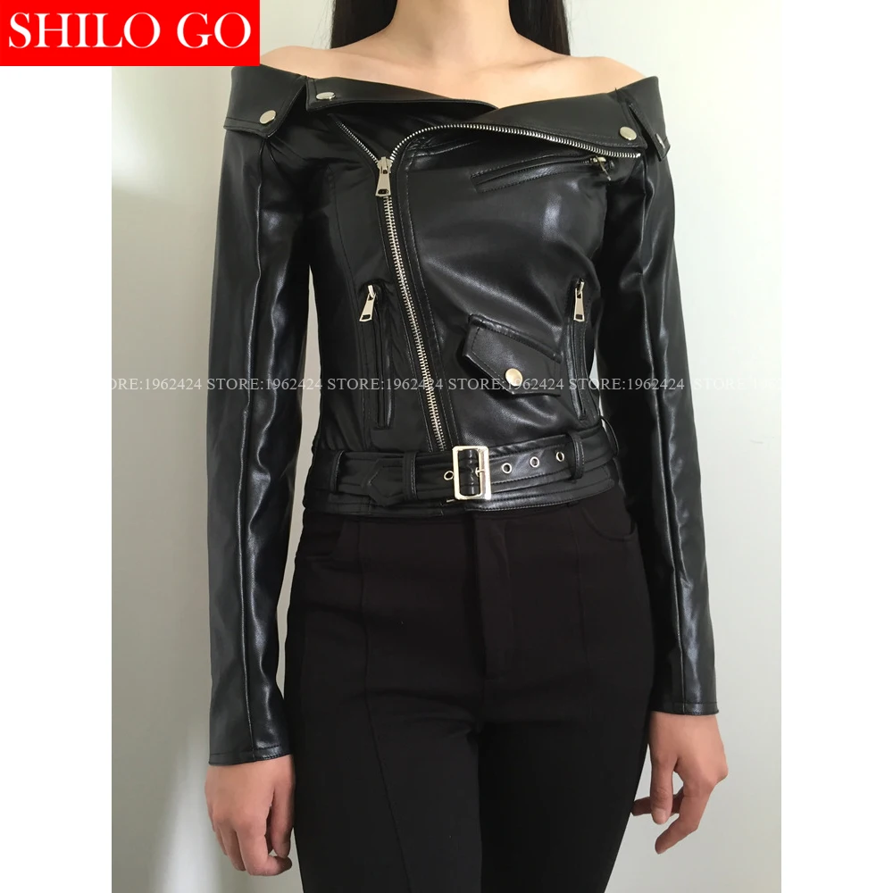 Женская мотоциклетная куртка из искусственной овечьей кожи черная без бретелек