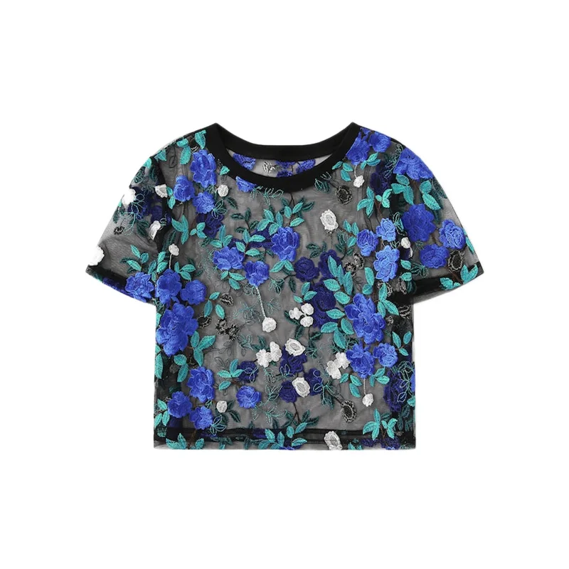 SweatyRocks, Цветочная вышивка, прозрачная сетчатая блузка, короткий рукав, модные сексуальные короткие топы, летние женские Гламурные блузки
