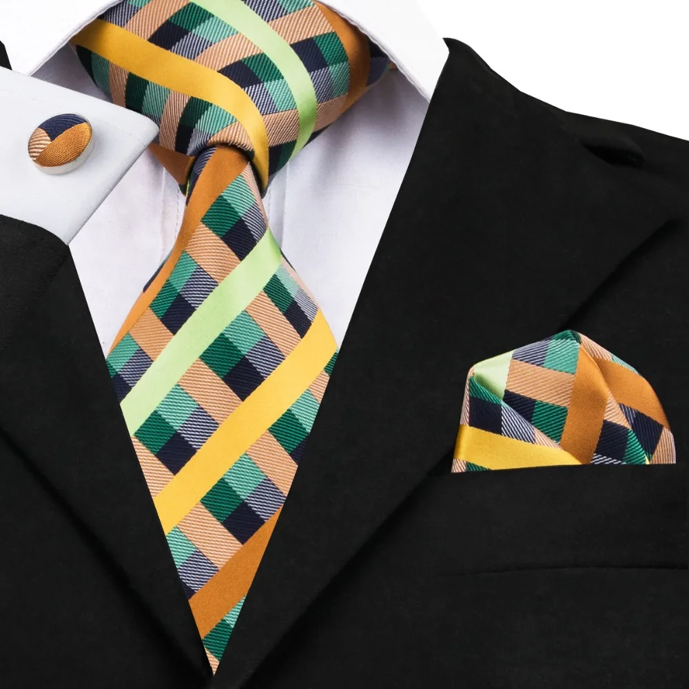 

Fashion Silk Jacquard Tie Green Yellow Plaid Tie Hanky Cufflink Set Ties For Men Business Wedding Party C-1063
