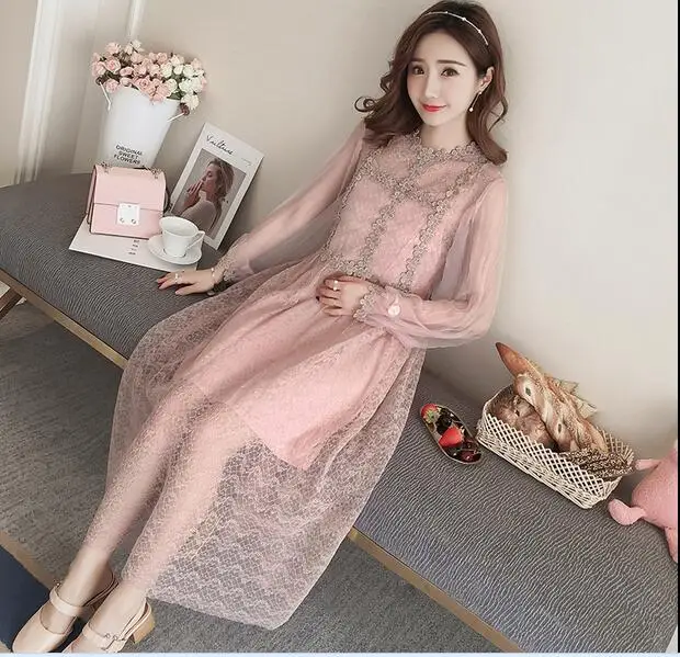 pink 9192 Новинка, весеннее платье для беременных, длинное Сетчатое платье, костюм(отправка на бретельках - Цвет: pink