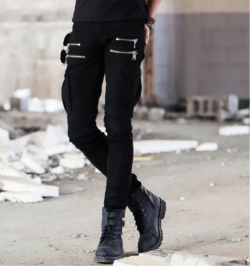 Famous brand high quality luxury men jeans slim elastic pleated Pencil Pants pocket with side zip jeans men denim Biker jeans