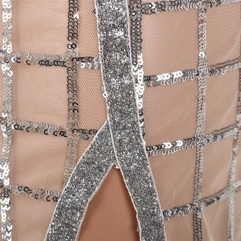 

2018 fashion sequined plaid mesh dress two piece sexy sequins summer club night dress sleeveless high split 2 piece sets dresses
