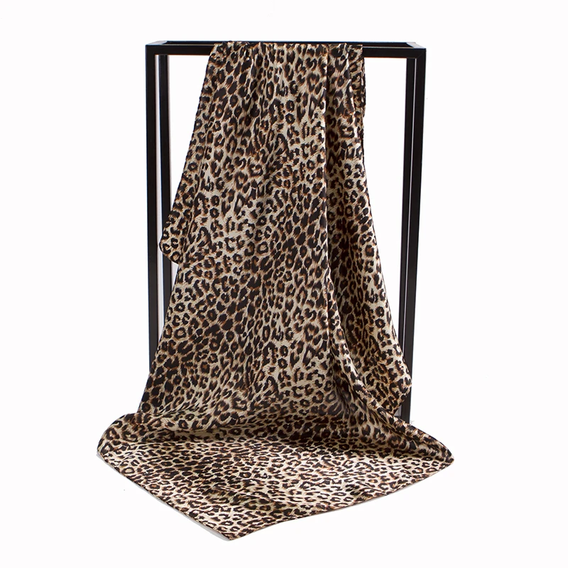 Luxury Brand Leopard Scarf For Women Satin Silk Hijab Scarfs Female 90cmx90cm Fashion Square Shawl Head Scarves For Ladies Wraps