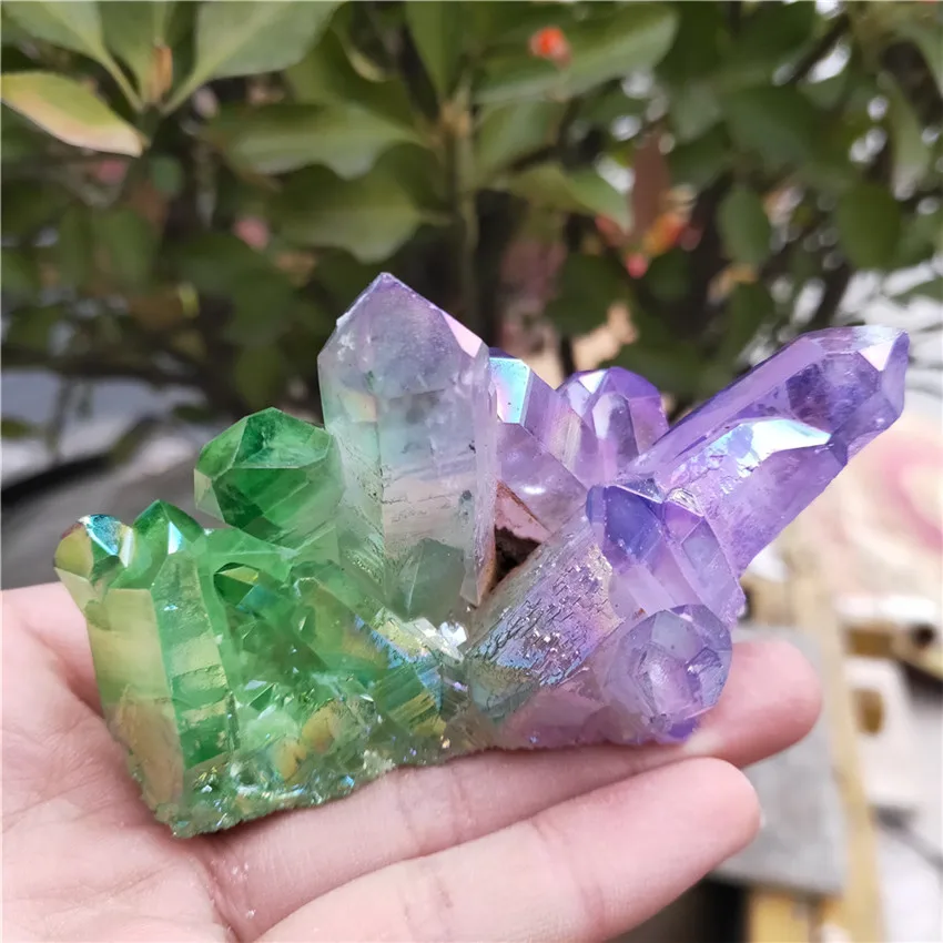 150 г аура Ангел кварцевый кластер натуральный зеленый и фиолетовый кристалл кластер титановый кластер исцеляющий рейки