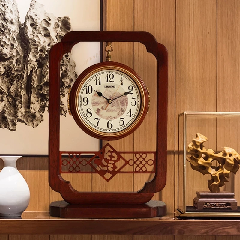 

Китайские настольные часы, двухсторонние часы из твердой древесины, домашнее украшение, часы с маятником для гостиной, бесшумные кварцевые ...