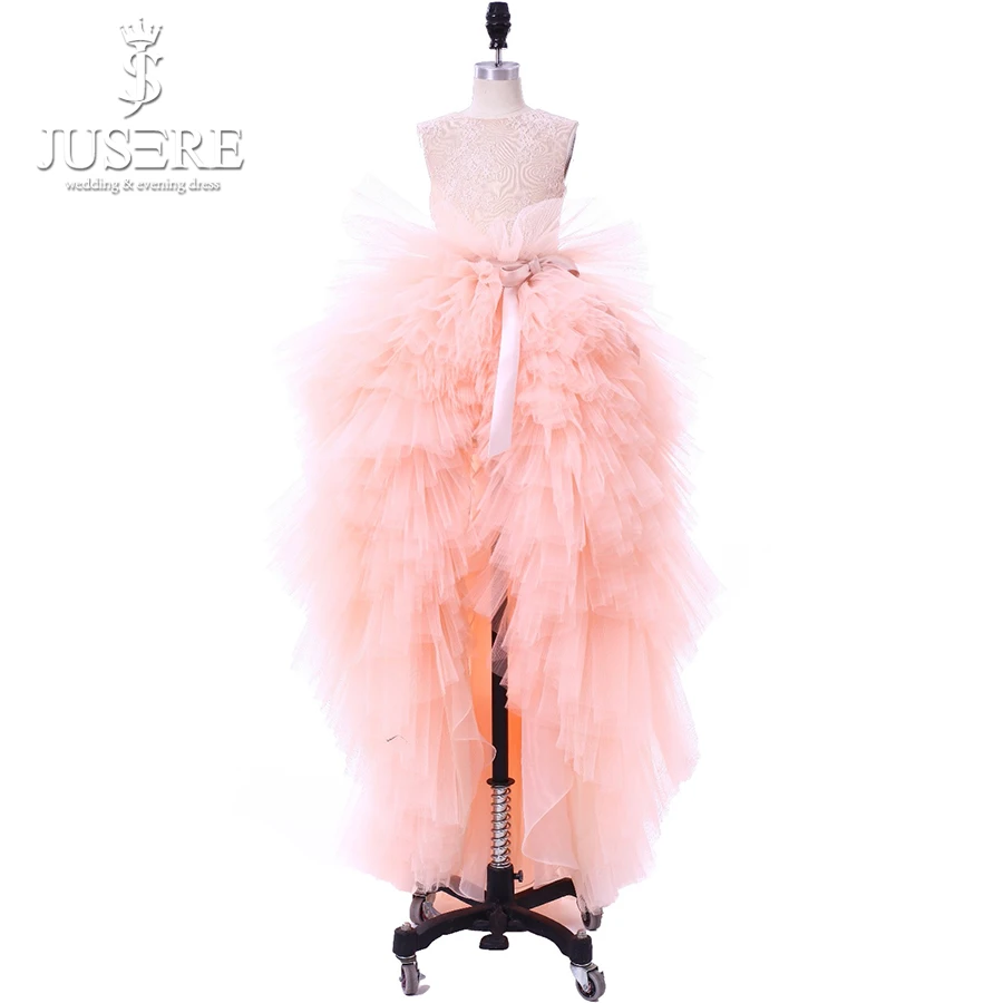 

Jusere 2019 Real Photos Tiered Skirt Kids Pageant Dresses Lace Bodice Ruffles Dresses High Low Cute Pink Flower Girl Dresses