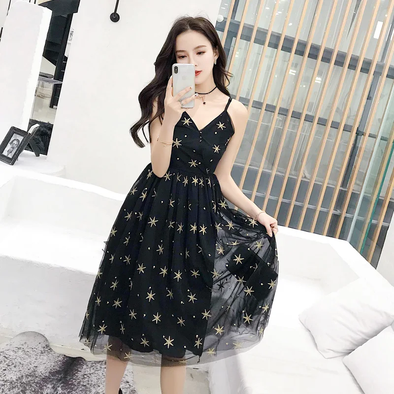 Летние черные шикарные миди платья на бретельках новинка 2019 года элегантные