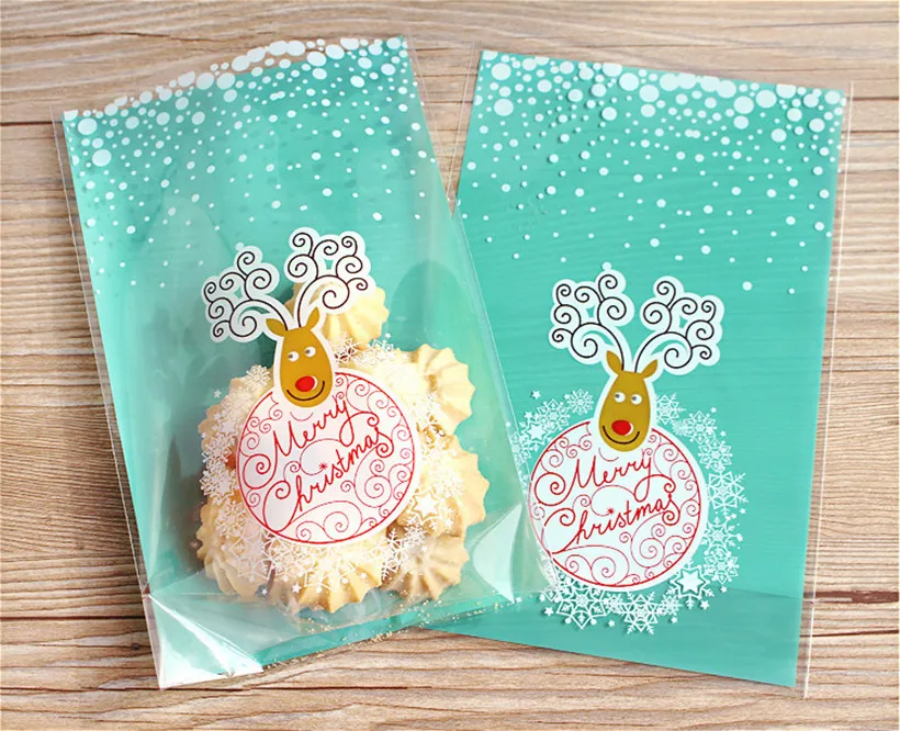 100 шт зеленый Рождественский лось целлофановый Открытый Топ мешок для печенья