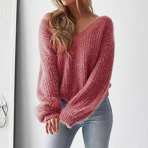 Женский трикотажный свитер с V-образным вырезом и длинным рукавом