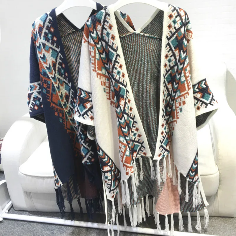 Винтажная Этническая вязаная накидка с бахромой геометрическое пончо рукавами