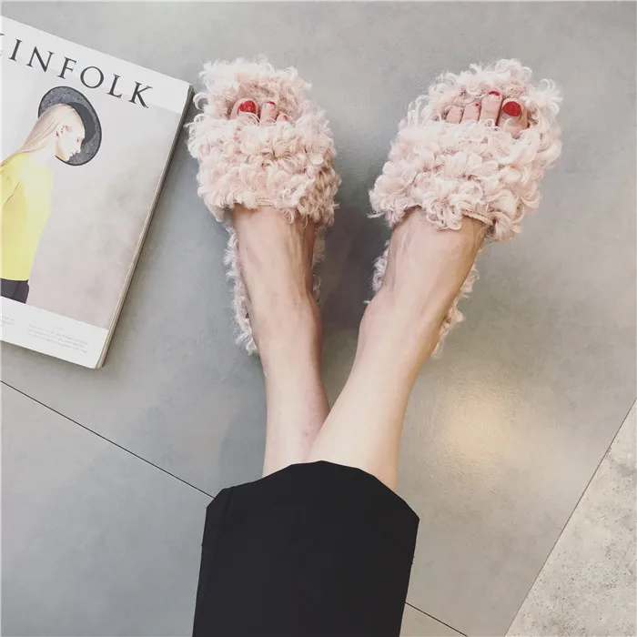 2017 г. зимние теплые женские шлепанцы на овечьем меху без задника меховые