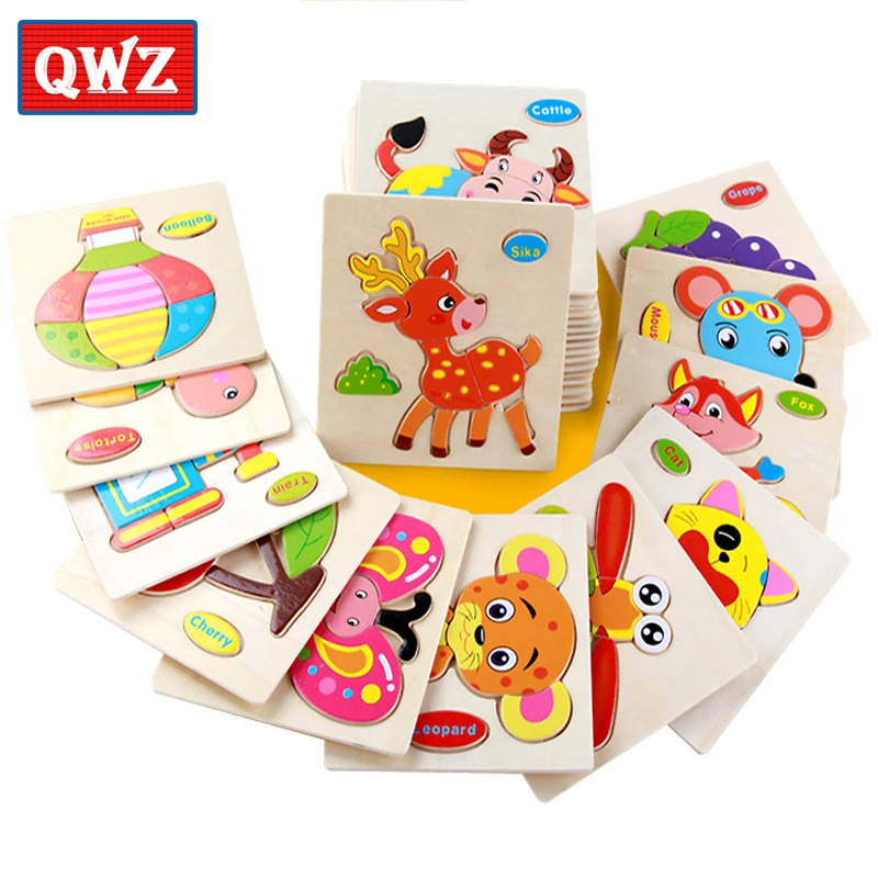 QWZ Деревянные 3D головоломки игрушки для детей Мультяшные животные автомобиль