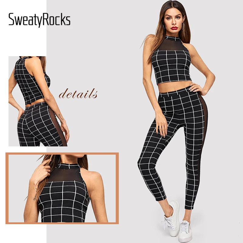 Комплект из топа и леггинсов в сеточку SweatyRocks, уличная одежда, эластичный сексуальный комплект из двух предметов, летний женский комплект, клетчатая одежда