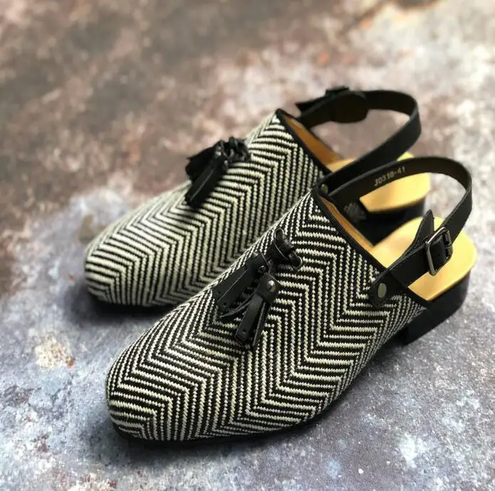 Сандалии мужские летние с закрытым носком черные и белые полосы модные сандалии