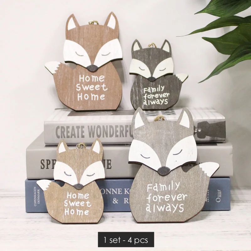 1 set -4pcs Новинка! Креативные деревянные таблички с белкой, таблички, домашнее украшение на дверь, настенная подвесная тарелка для детской комнаты, домашний декор, деревянные изделия с животными - Цвет: 1 set -4pcs