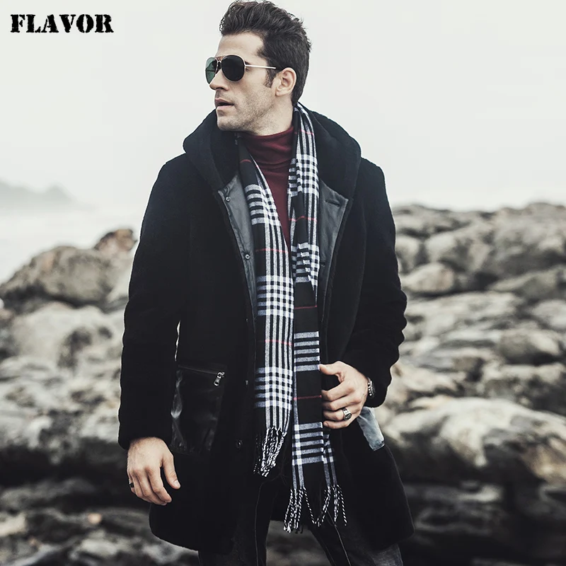 Мужское пальто с настоящим мехом овчины FLAVOR тренчкот капюшоном из натуральной