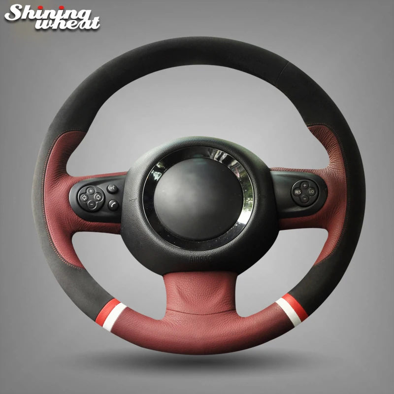 Shining wheat Hand-stitched Black Suede Chocolate Leather Car Steering Wheel Cover for Mini Coupe