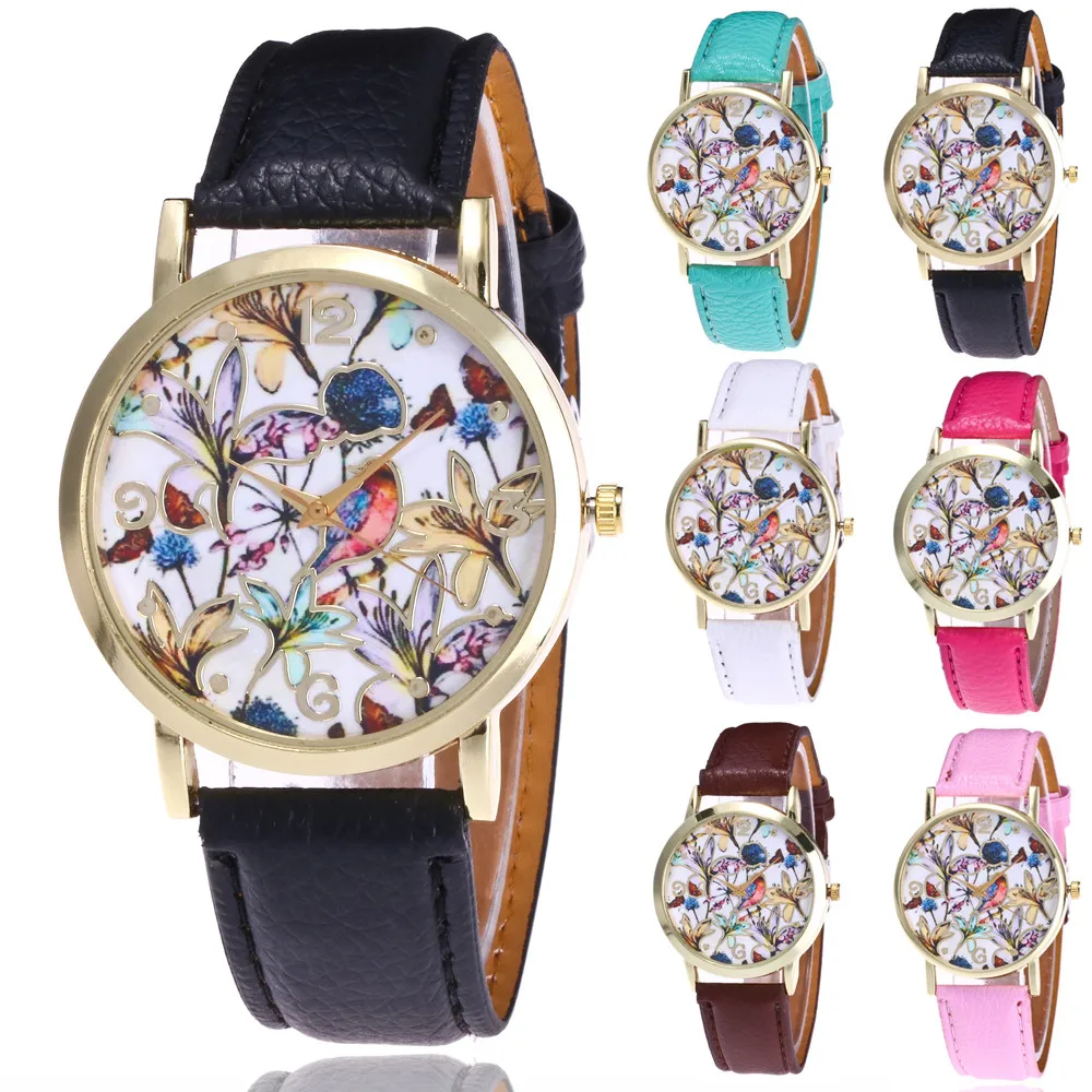 Лидирующий бренд женские часы с цветочным узором кожаный ремешок аналоговые