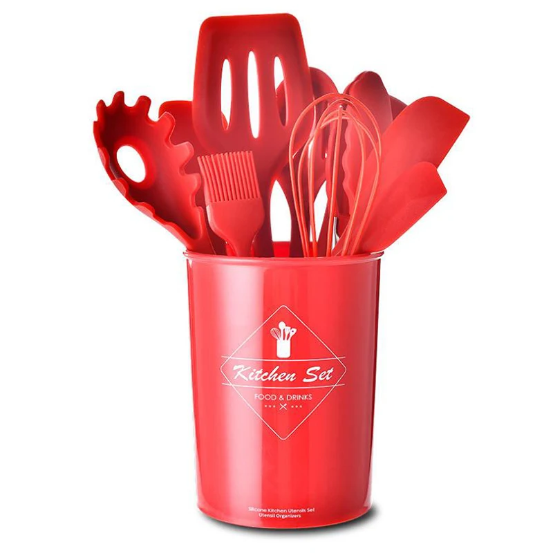 

11Pcs Silicone Kitchen Cooking Utensils With Storage Bucket Spatula, Spoon, Slotted Spoon, Tongs, Basting Brush, Ladle and More