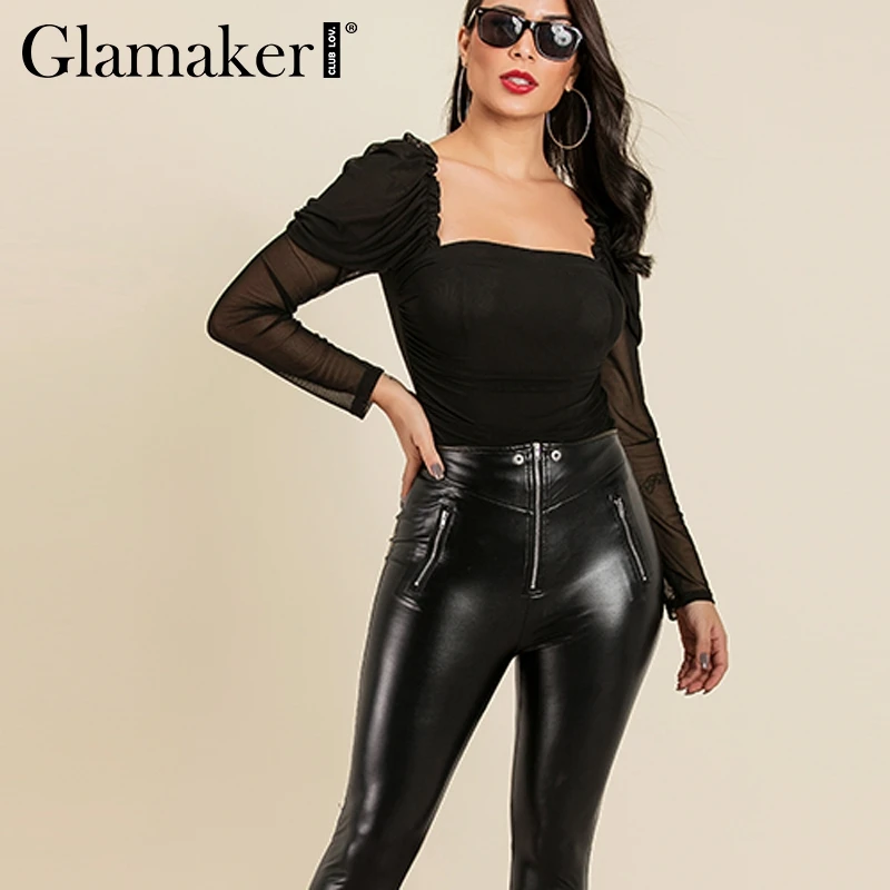 Женское прозрачное Сетчатое боди Glamaker черное облегающее с длинным рукавом