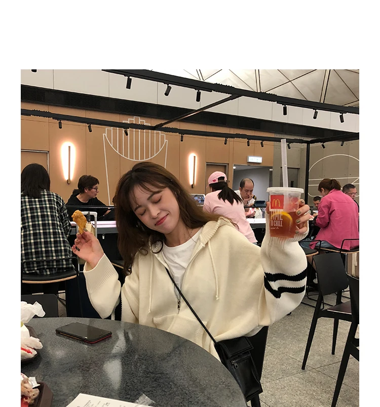 Woherb Harajuku Knitted Cardigan Women Korean Style Modis Striped Print Hooded Sweater Coat Girls Casual Runway Sweaters