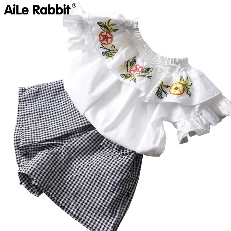 Комплект для девочек AiLe Rabbit в западном стиле Новинка лета 2018 костюм клетку Хань