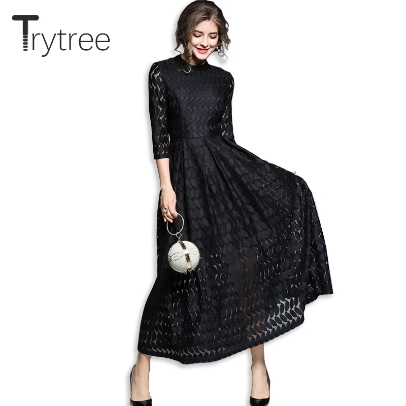 Trytree/летнее осеннее Повседневное платье рубашка кружевное полиэфирное