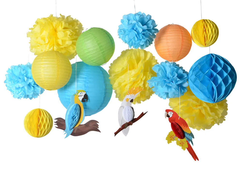 

Summer Tropical Party Decoration 16pcs/set Hanging Honeycomb Parrots Paper Lantern Pom Pom Flower For Birthday Party Supply