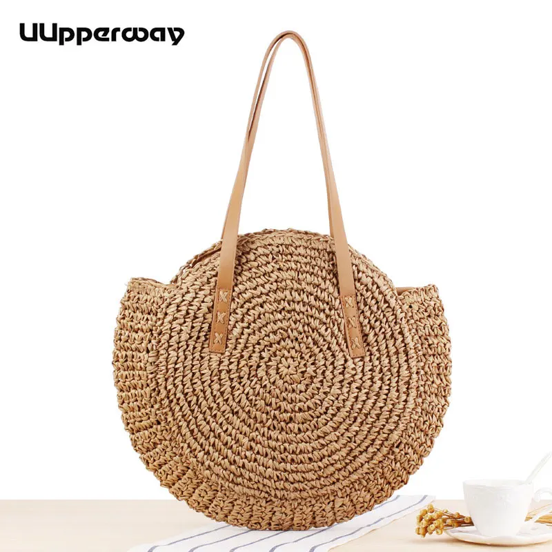 

2018 Simple Round Straw Bags Women Summer Beach Knitted Handbag Handmade Woven Beach Tote Bag Circle Bohemia Casual Handbag NEW