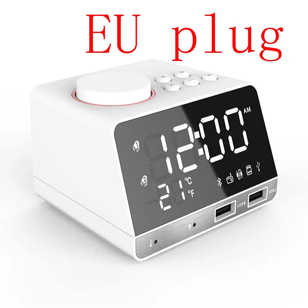 EU plug Многофункциональный Bluetooth будильник динамик с двойным usb-интерфейсом зарядка аудио светодиодный зеркальные часы музыкальный дисплей настольные часы - Цвет: EU plug